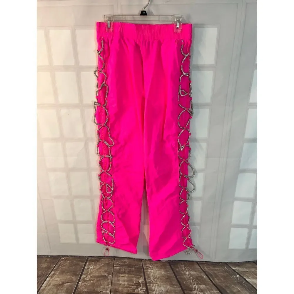 Akira Neon Pink Diamond Lace-Up High-Waisted Pull-On Track Pants Size XL